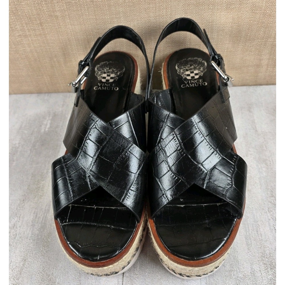 Vince Camuto Marietten Black Embossed Croc Leather Espadrille Wedge Sandals 9M